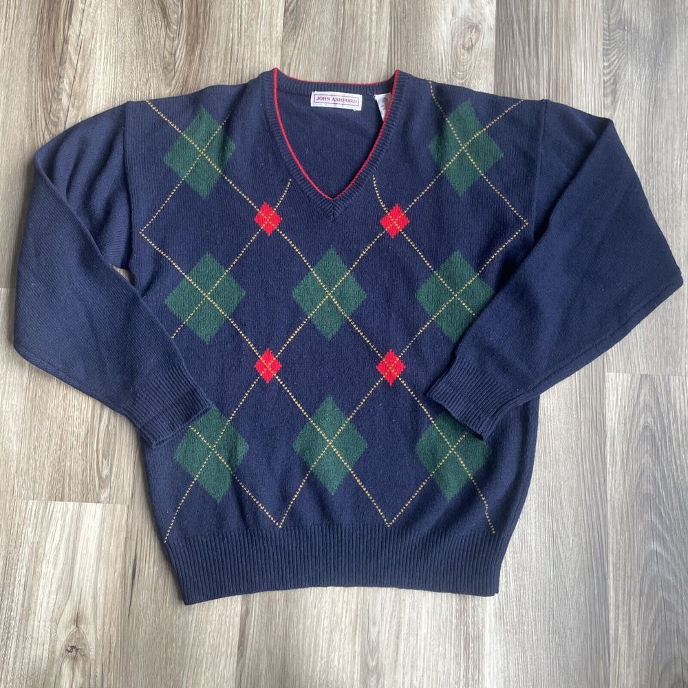 Vintage John Ashford Lambswool Sweater Argyle Blue Red V Neck Pullover M